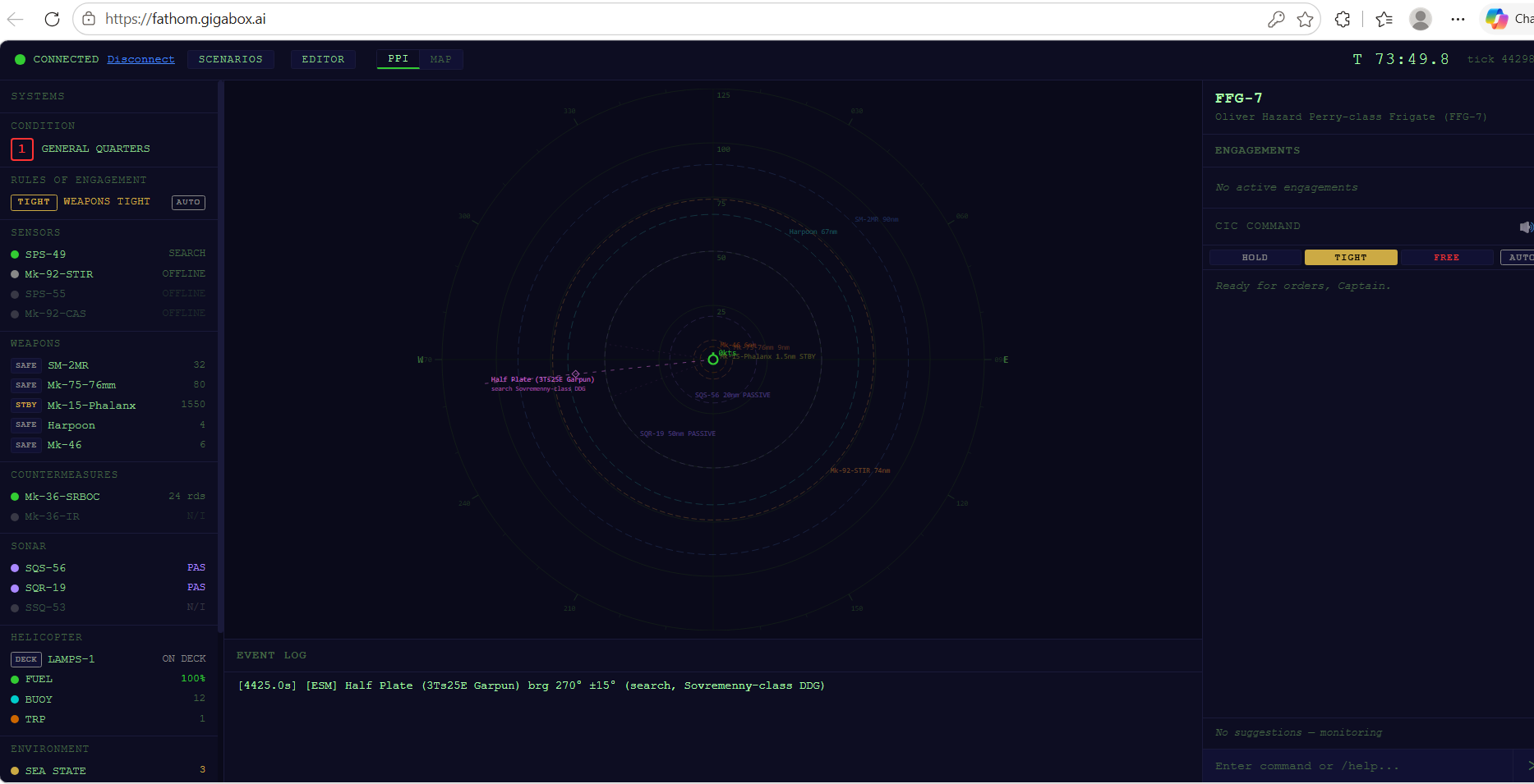 Fathom tactical dashboard showing PPI radar display, system status panel, and CIC command interface